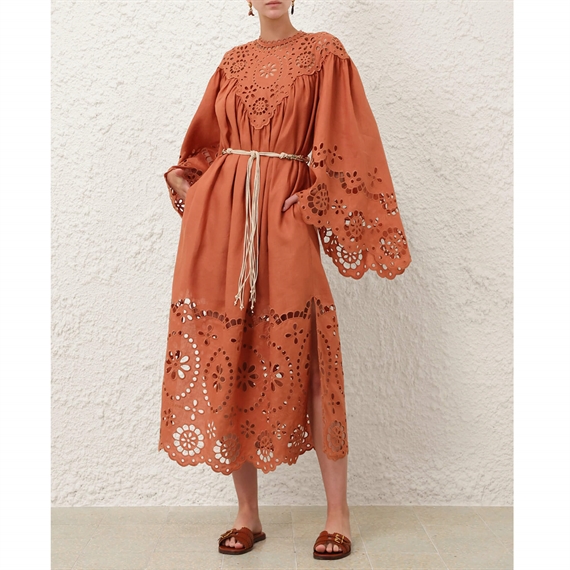 Zimmermann Awaken Embroidered Yoke Maxi Kjole, Cinnamon